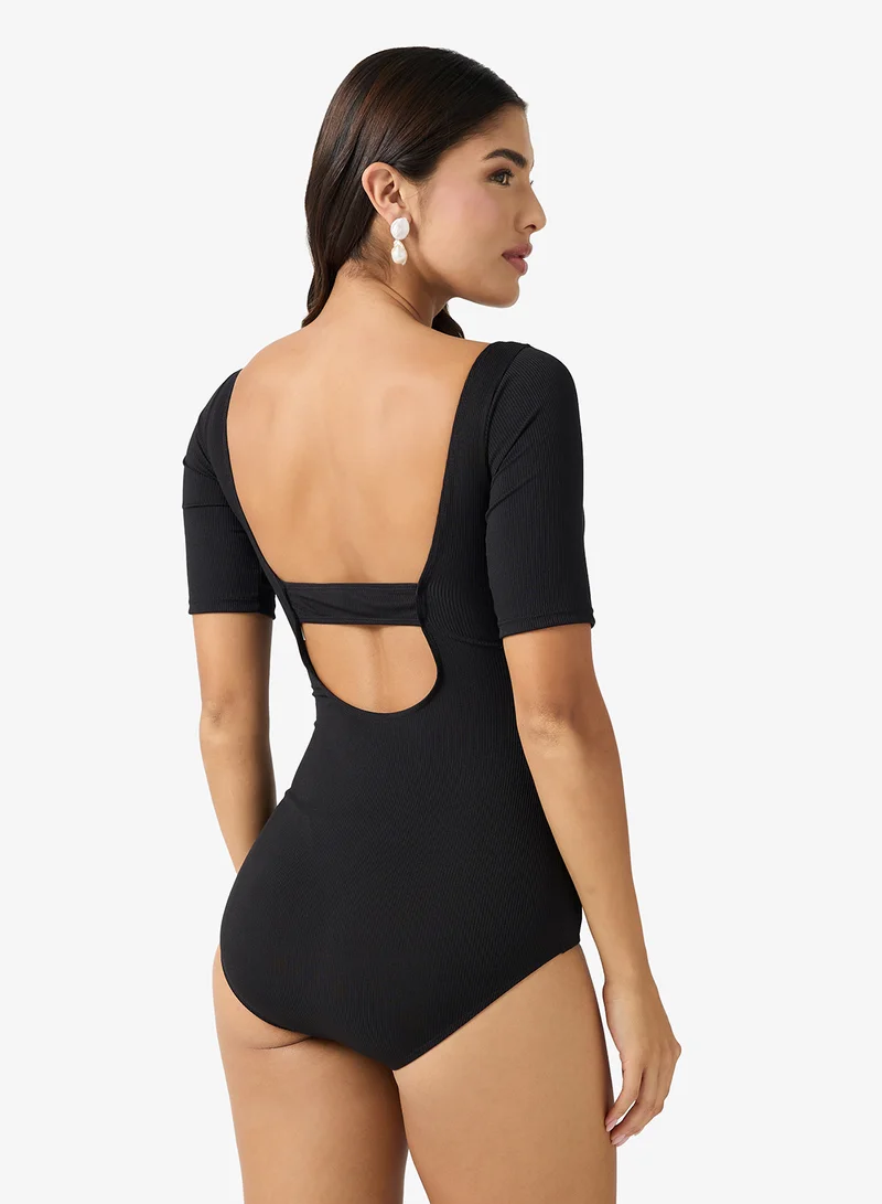 ELLA Solid Swimsuit With Mesh Insert Detail